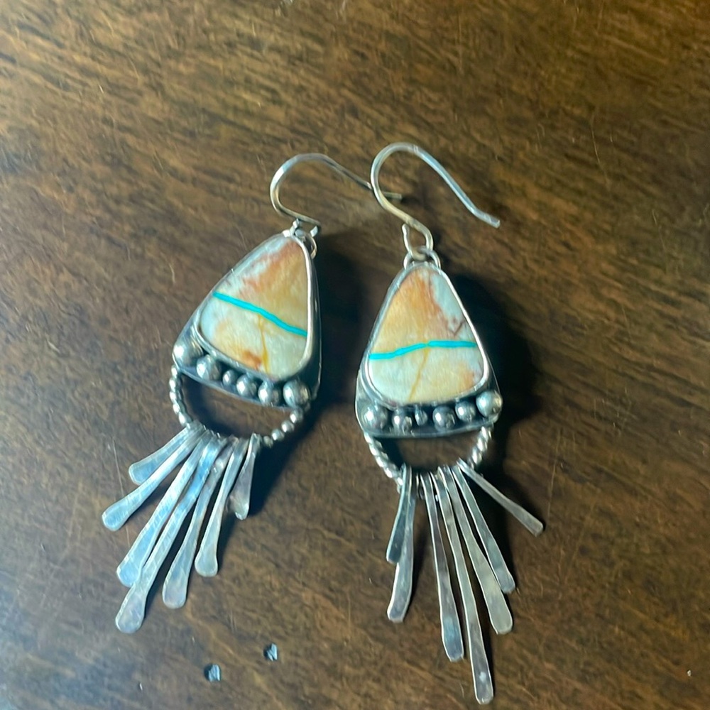 Handmade silver dangly earrings with natural stone